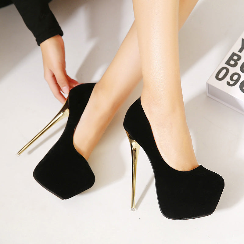 New high-heeled stiletto single shoes women's shoes suede shallow mouth waterproof platform sexy wild nightclub black single shoes