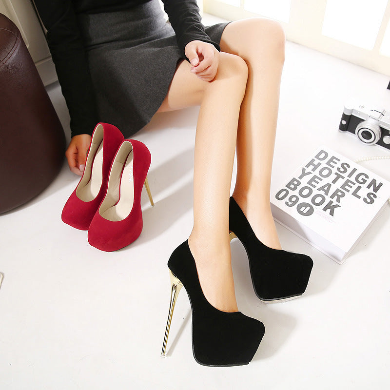 New high-heeled stiletto single shoes women's shoes suede shallow mouth waterproof platform sexy wild nightclub black single shoes