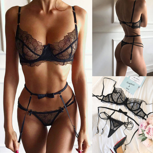 European And American Erotic Lingerie Sexy Lace Garter Three-Piece Suit